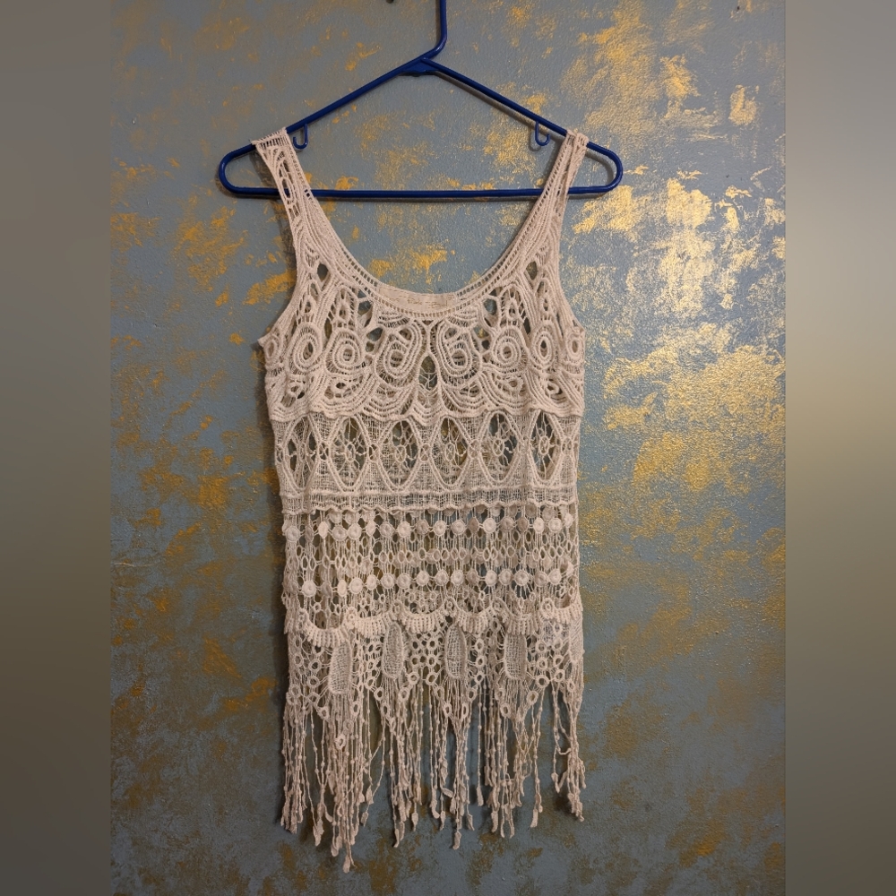 Jen's Pirate Booty Cream Crochet Fringe Top